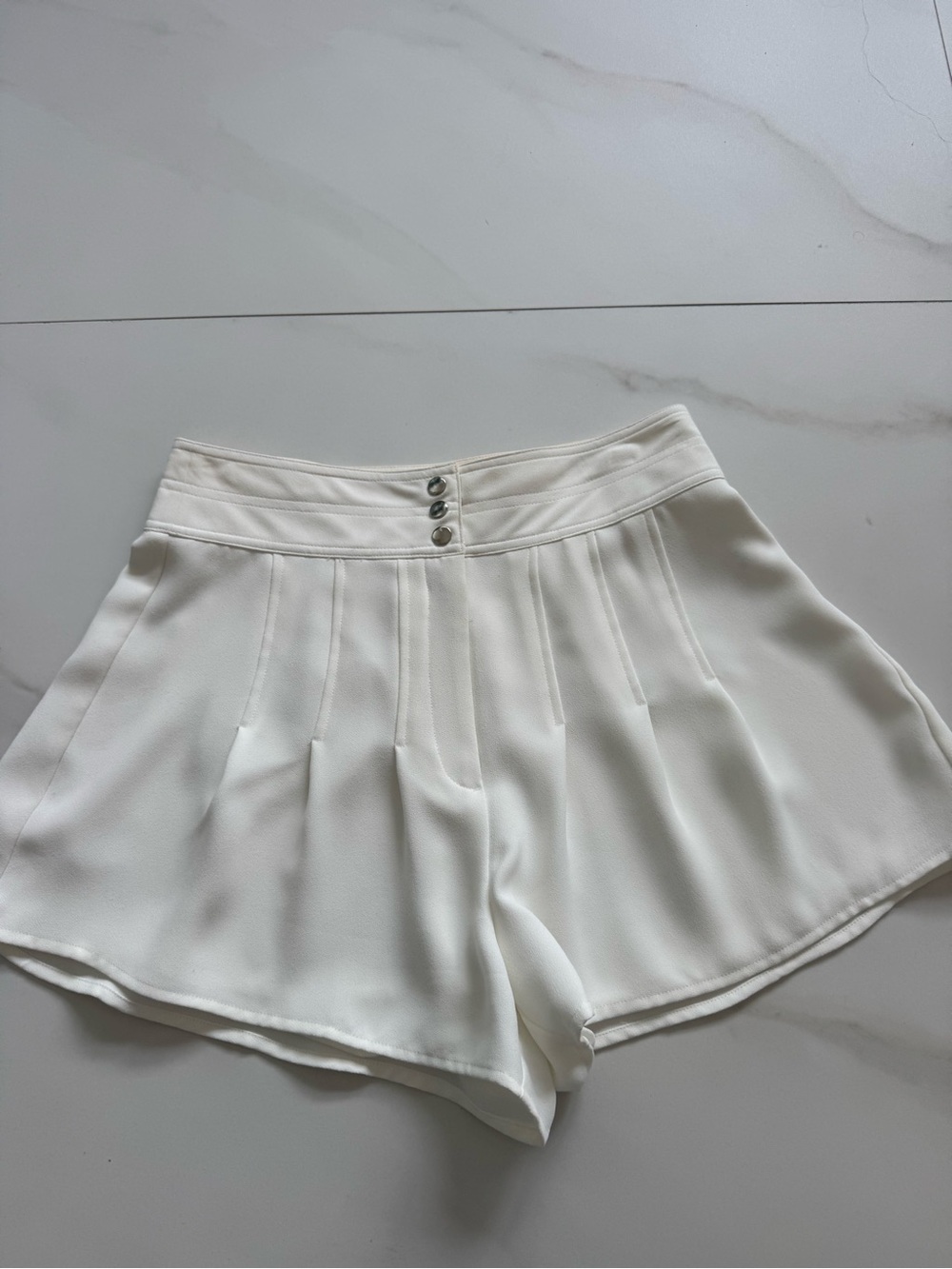 Ramy Brook Cream High-Waist Pleated Shorts with Triple Button Waist